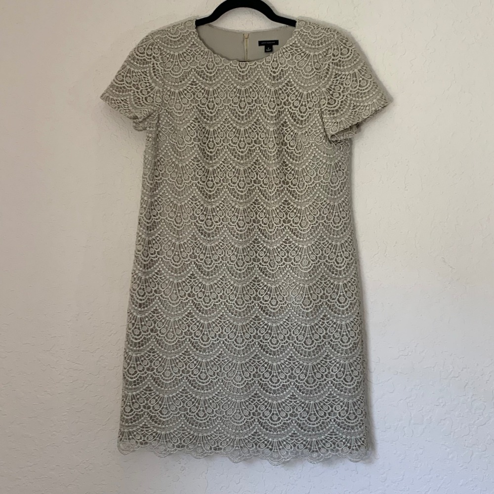 Ann Taylor Dress Champagne Sparkle Lace Shift Scalloped Sz 4 Party Wedding Guest
